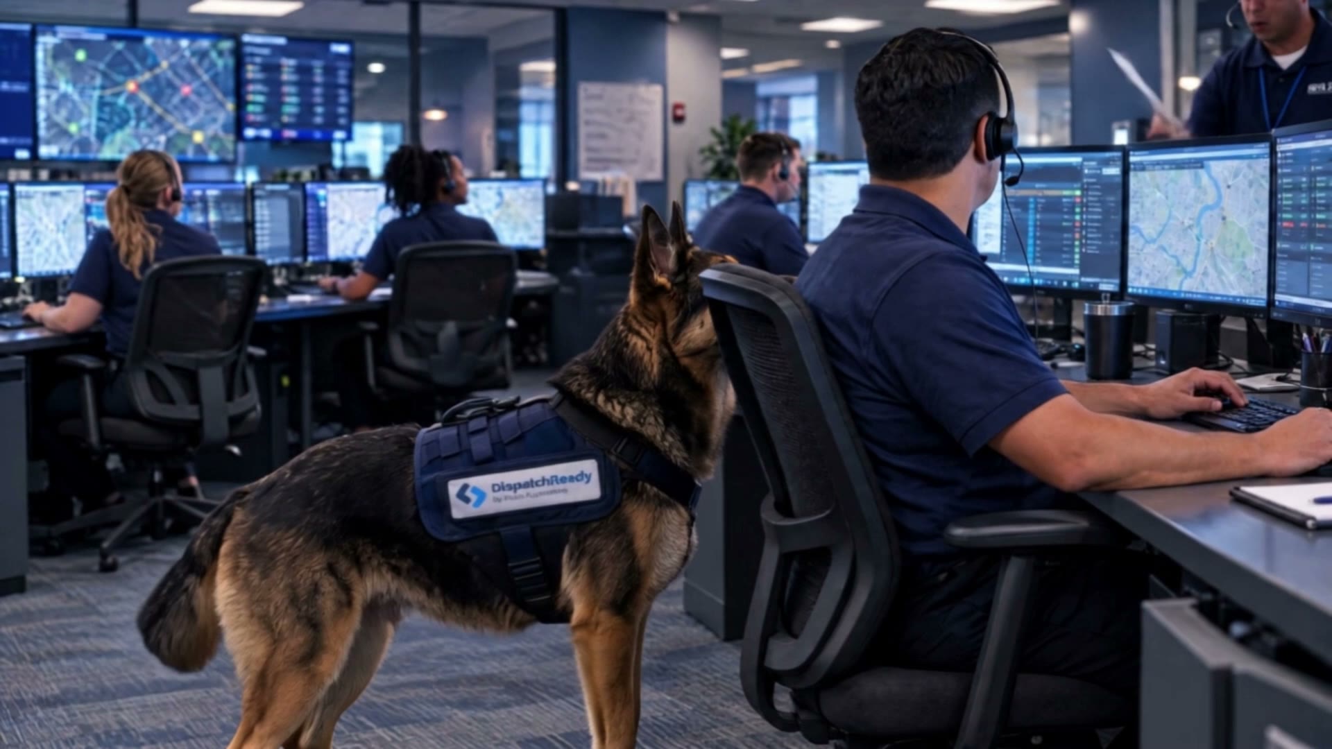 Dispatchers at their consoles in a communications center